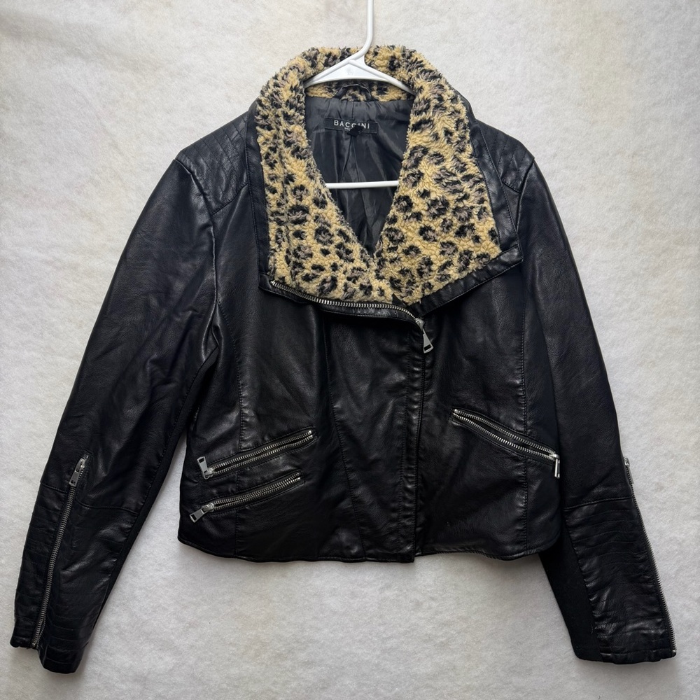 Baccini Faux Leather Moto Biker Jacket Women’s Large Leopard Faux Fur Collar